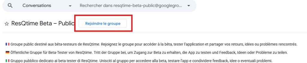 Page Google Groups avec le bouton Rejoindre le groupe