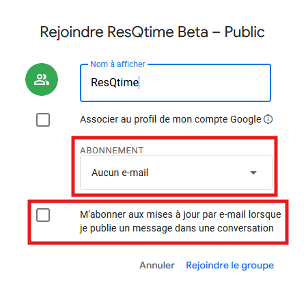 Fenêtre d'inscription avec l'abonnement réglé sur Aucun e-mail